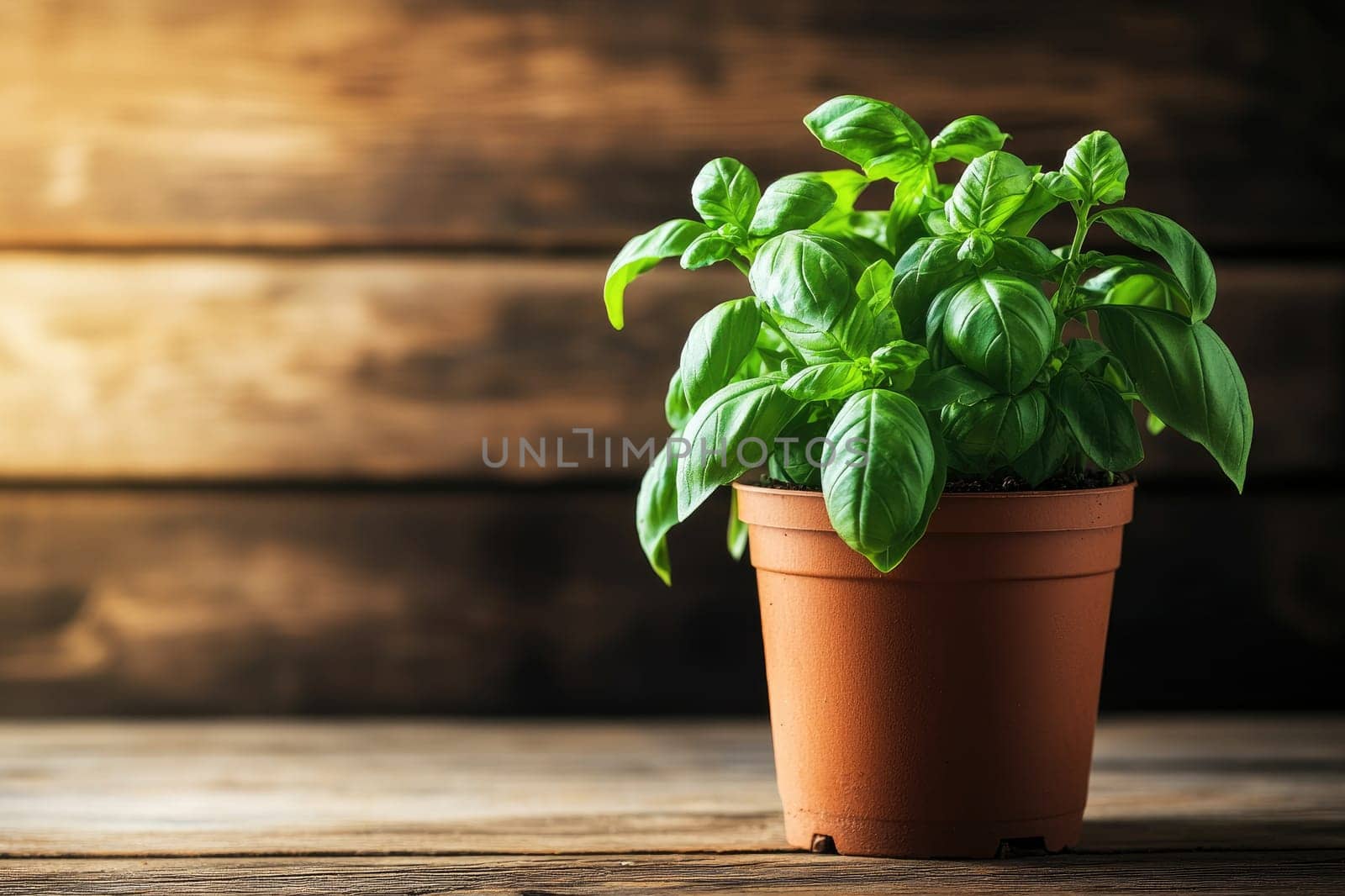 Healthy basil plant is growing in a terracotta pot, set against a rustic wooden background