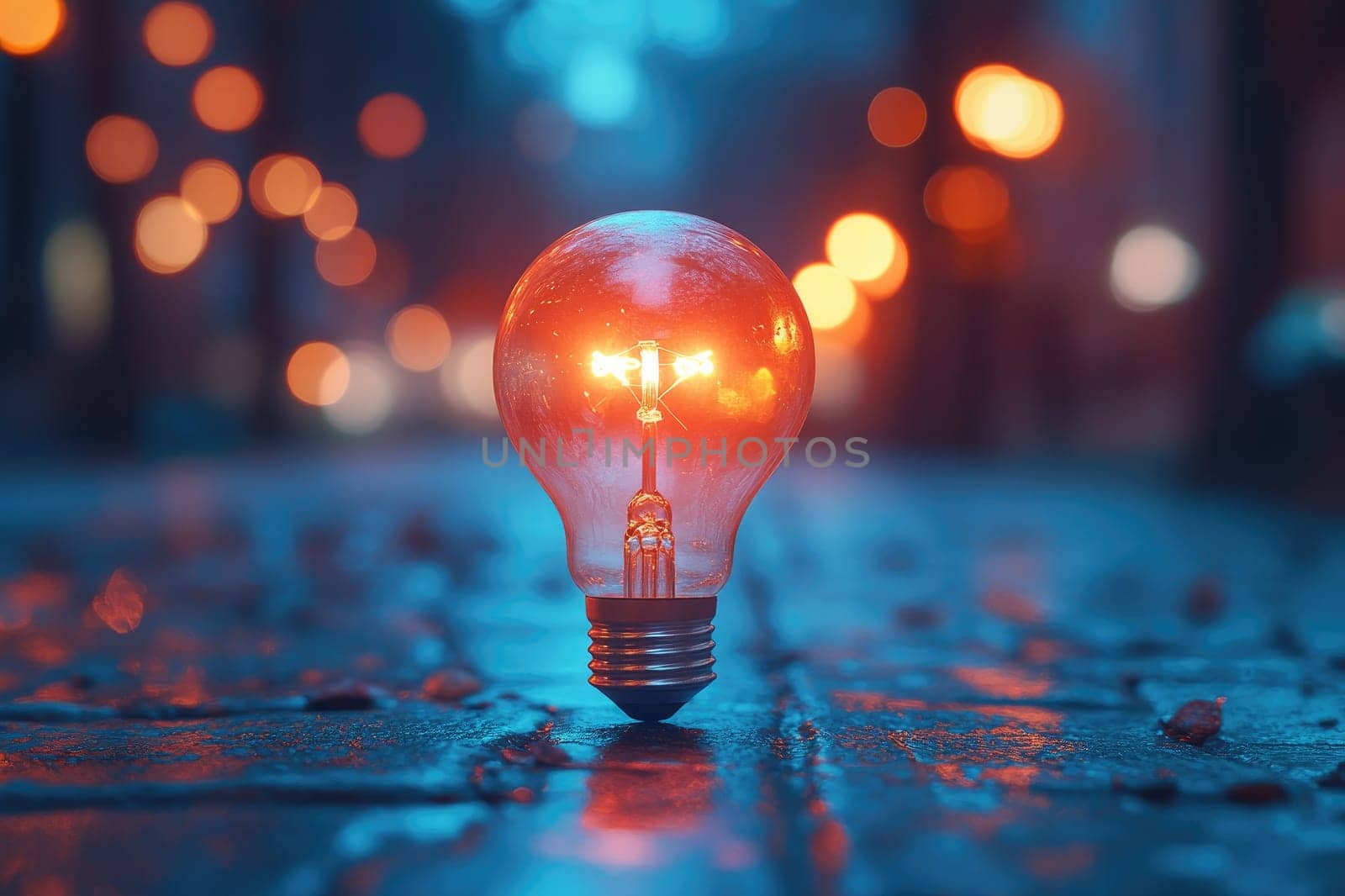 Lone light bulb illuminating a dark street at night