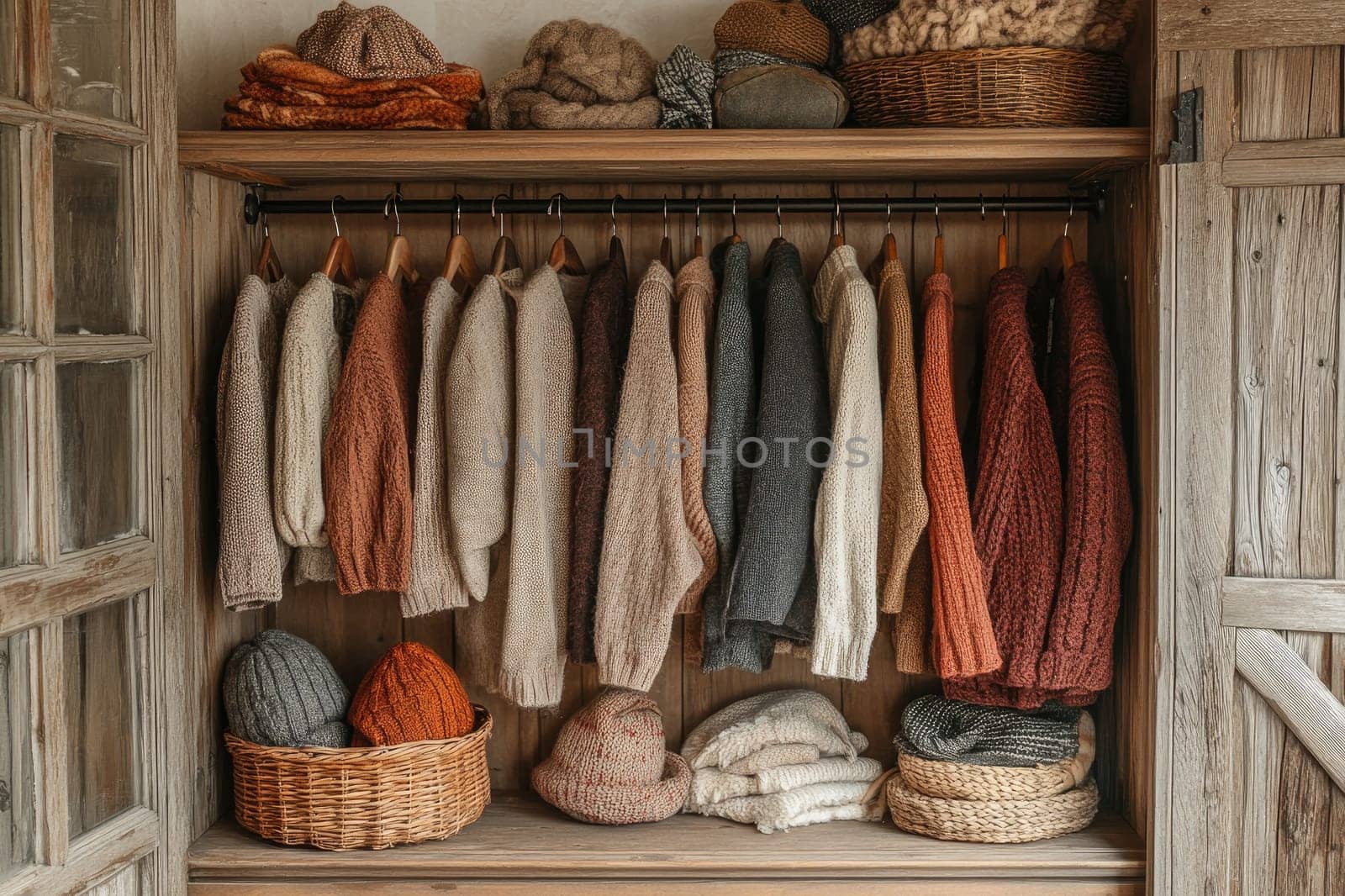 Open rustic wooden wardrobe is revealing knitted clothes and accessories for the cold season
