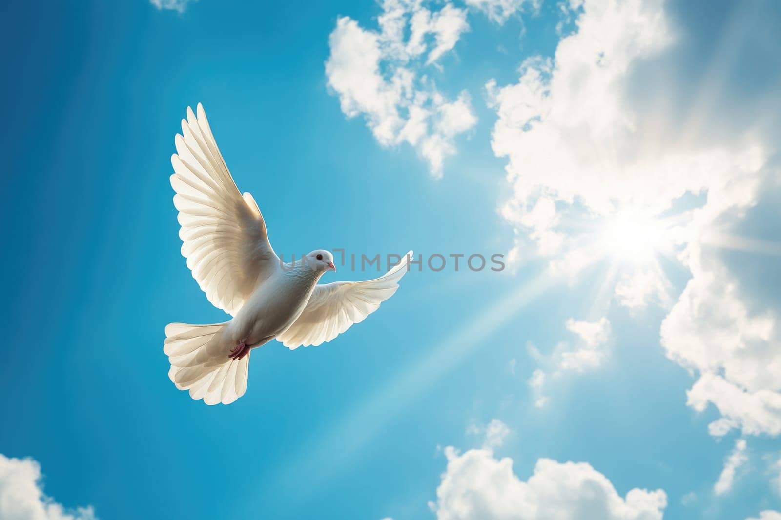 White dove soaring through a bright blue sky with white clouds and sun rays represents hope, peace, and spirituality