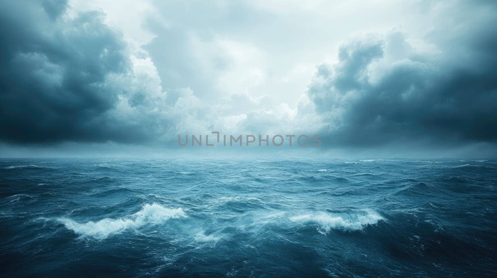 Dramatic scene with dark storm clouds gathering over a rough ocean with big waves