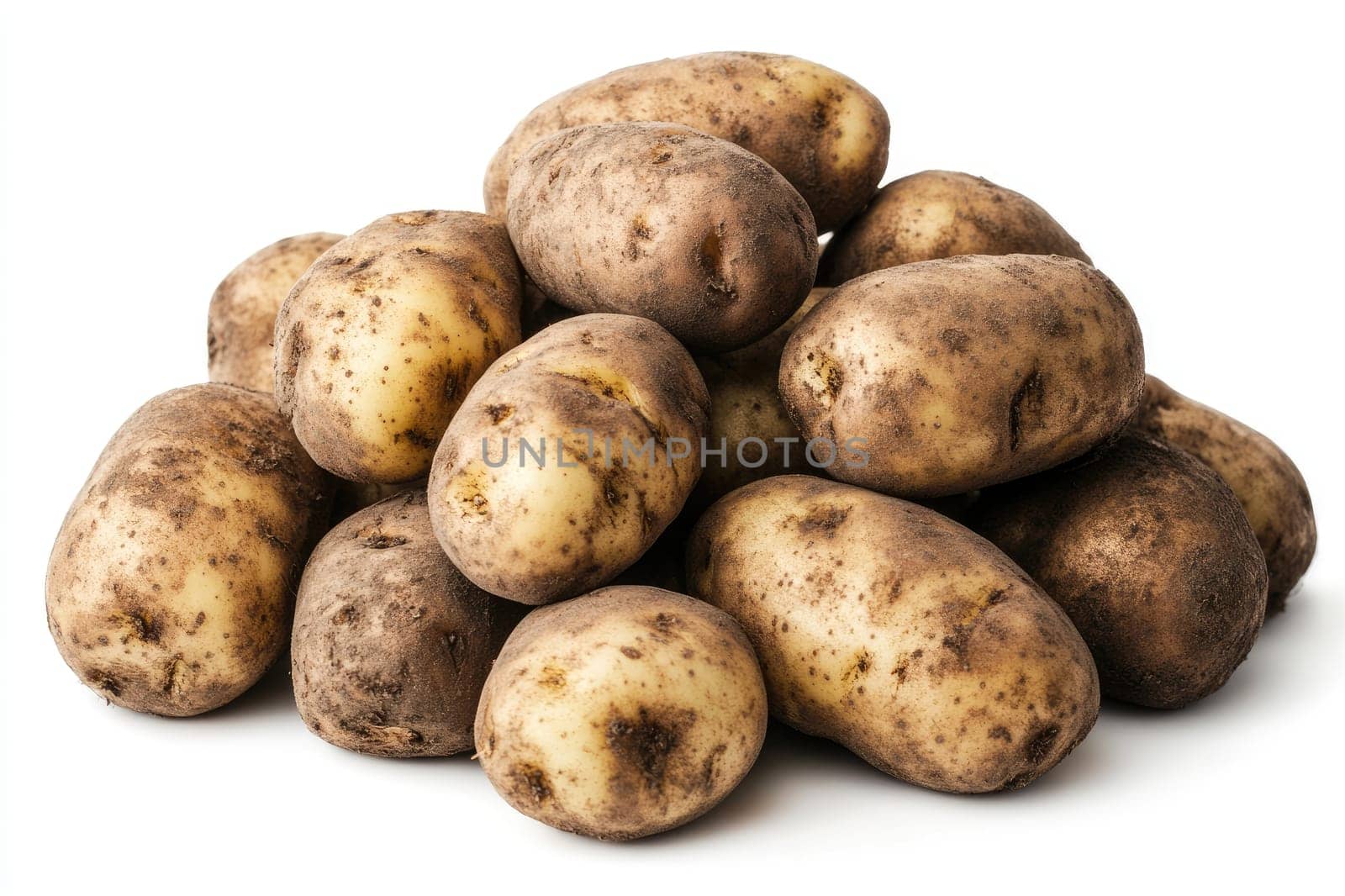 Mound of freshly harvested potatoes is laying on a plain white background