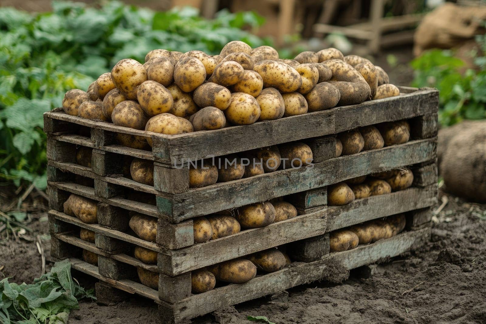 Freshly harvested potatoes are overflowing from a rustic wooden crate, suggesting a bountiful harvest season