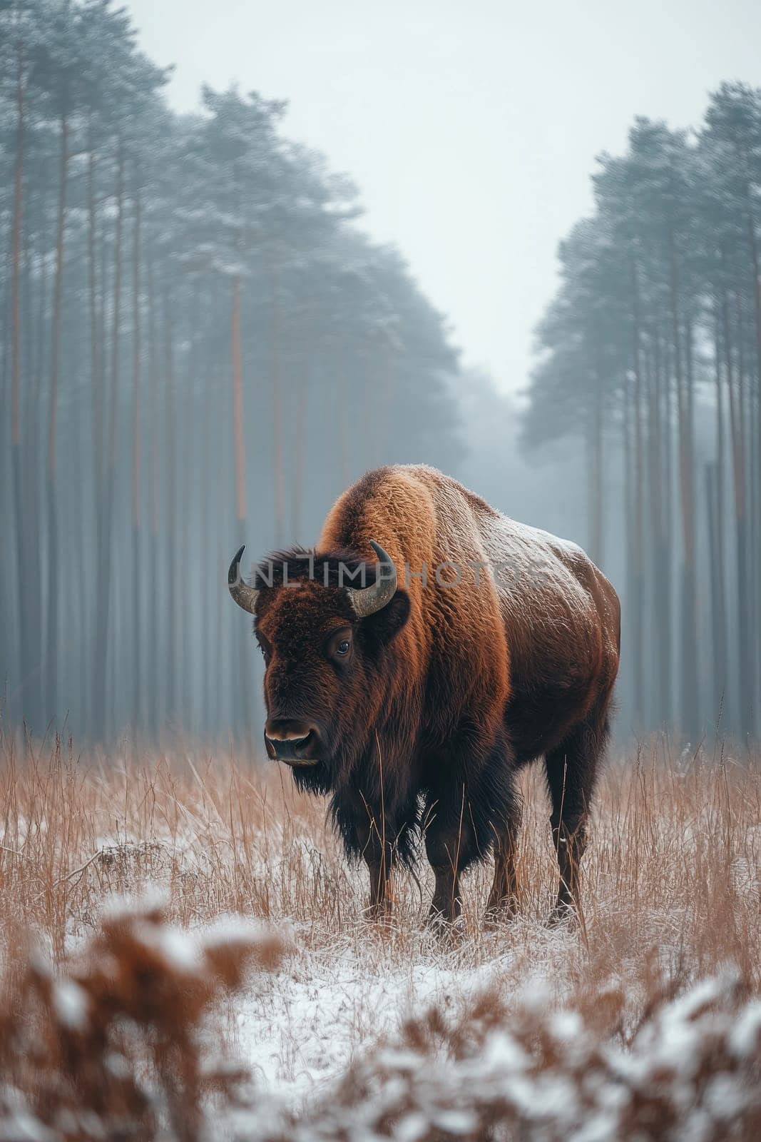 Large bison is standing in a snowy field with tall trees in the background on a foggy winter day