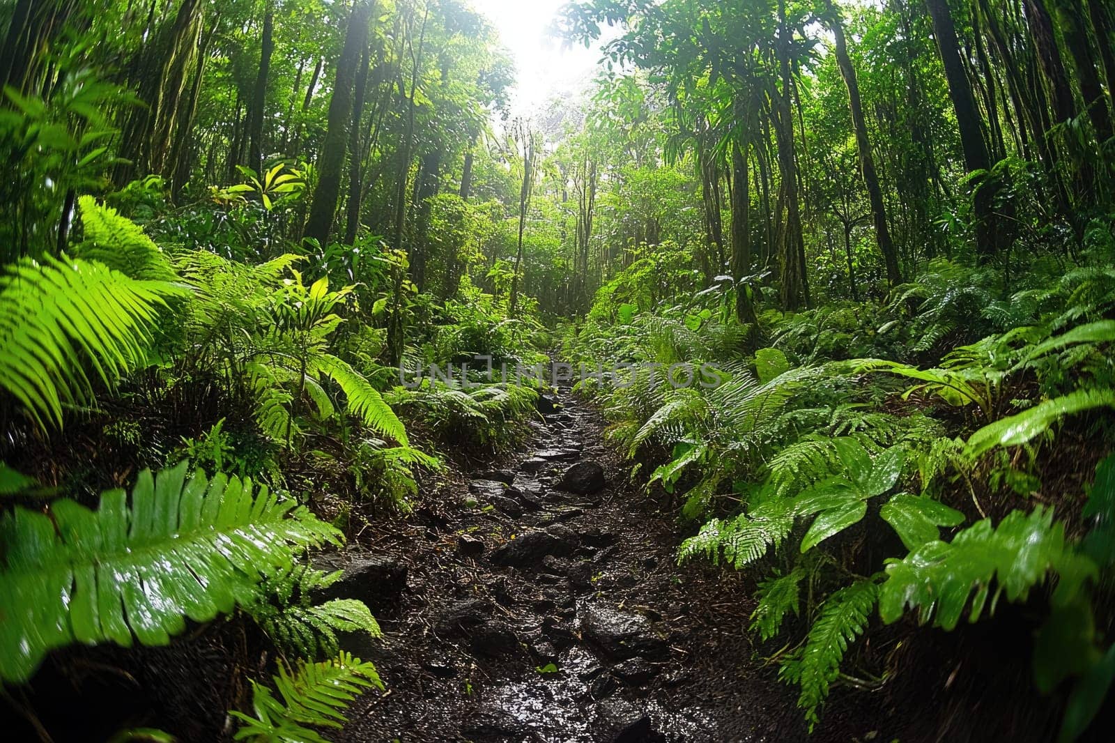 Rocky hiking trail is winding through a tropical rainforest