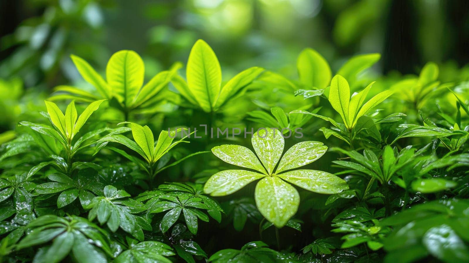 Vibrant green leaves are glistening with fresh rain drops