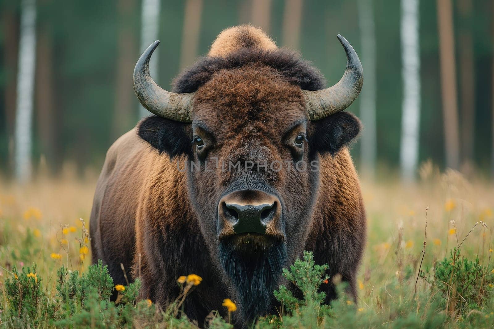 Large european bison bull is standing in the forest and looking forward