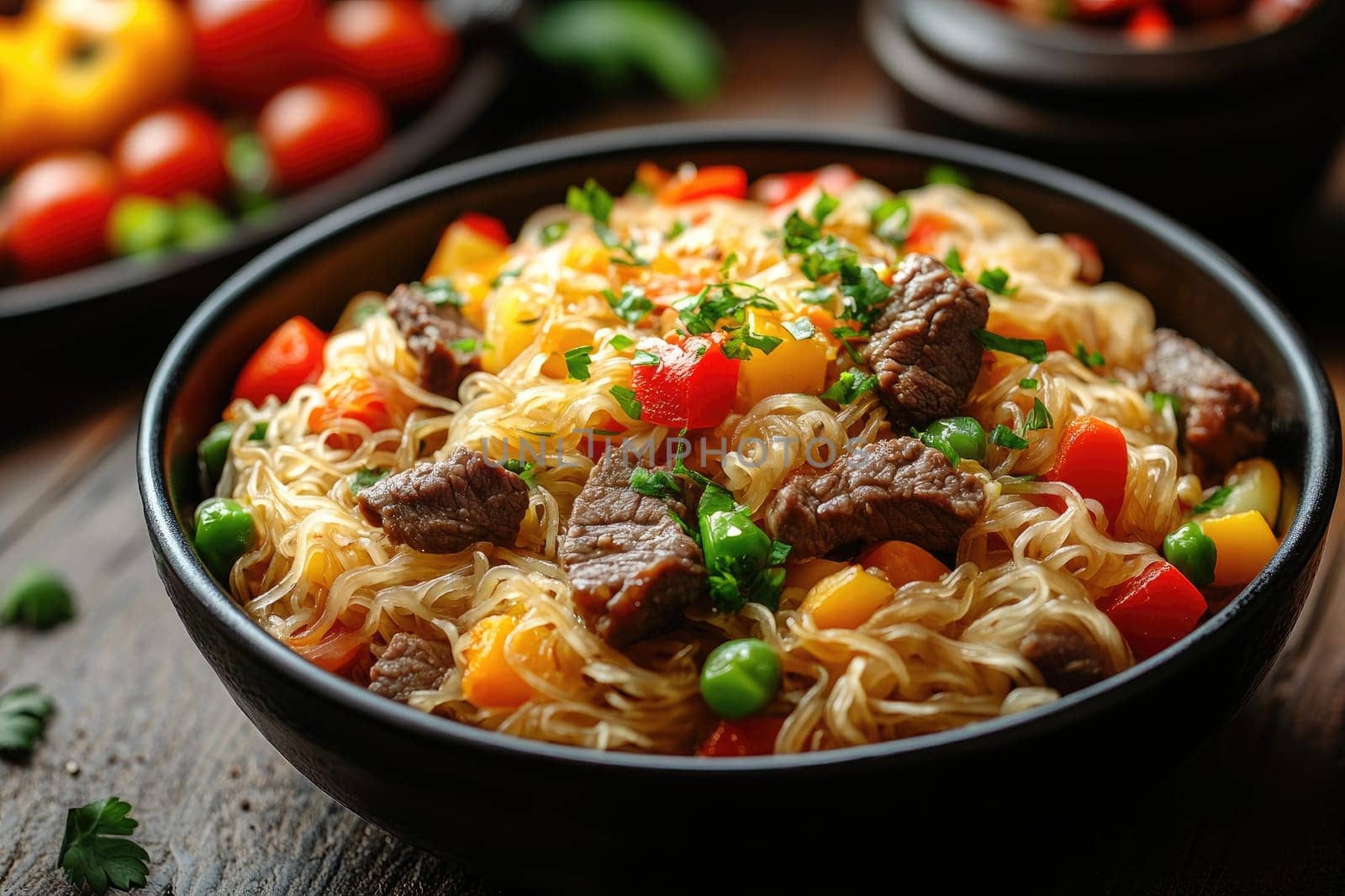 Glass noodles with colorful bell peppers, green peas and beef, garnished with fresh parsley