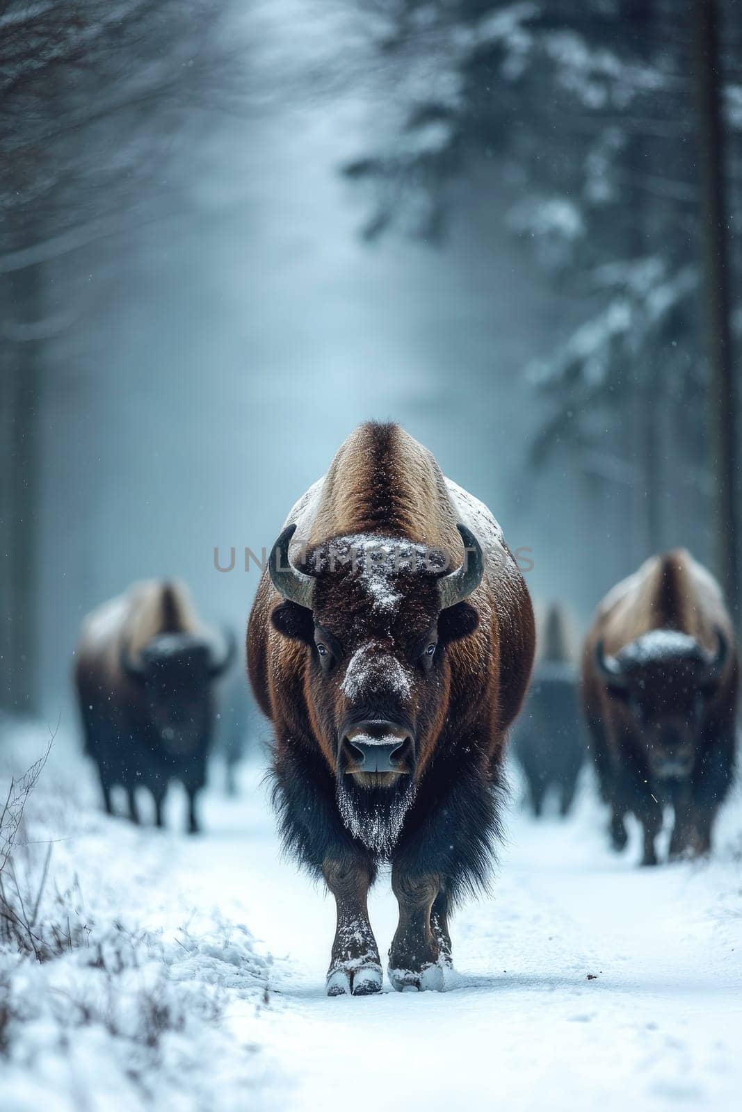 Powerful european bison is leading its herd through a snowy forest