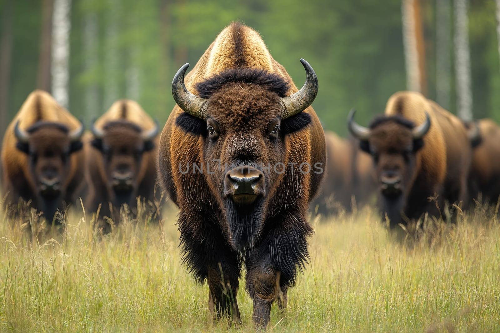 European bison bull leads his herd through tall grass in a forest