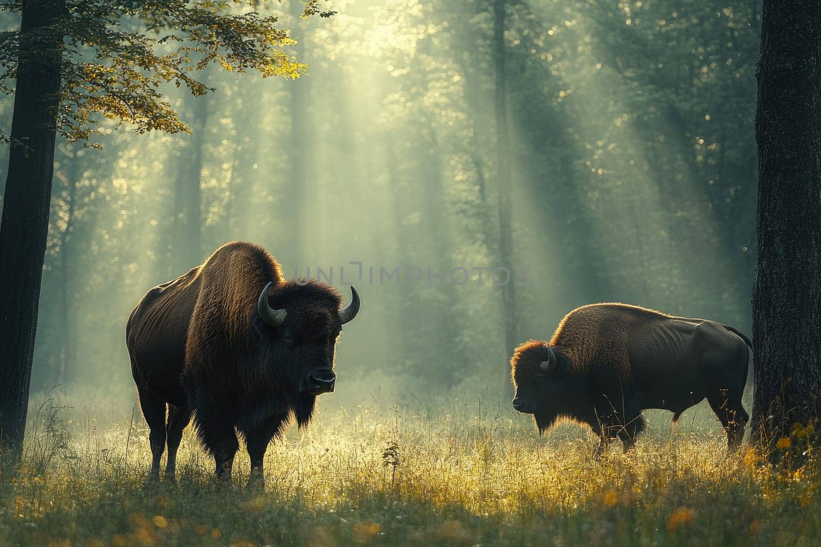 Two bison are standing in a forest clearing illuminated by the golden light of the rising sun