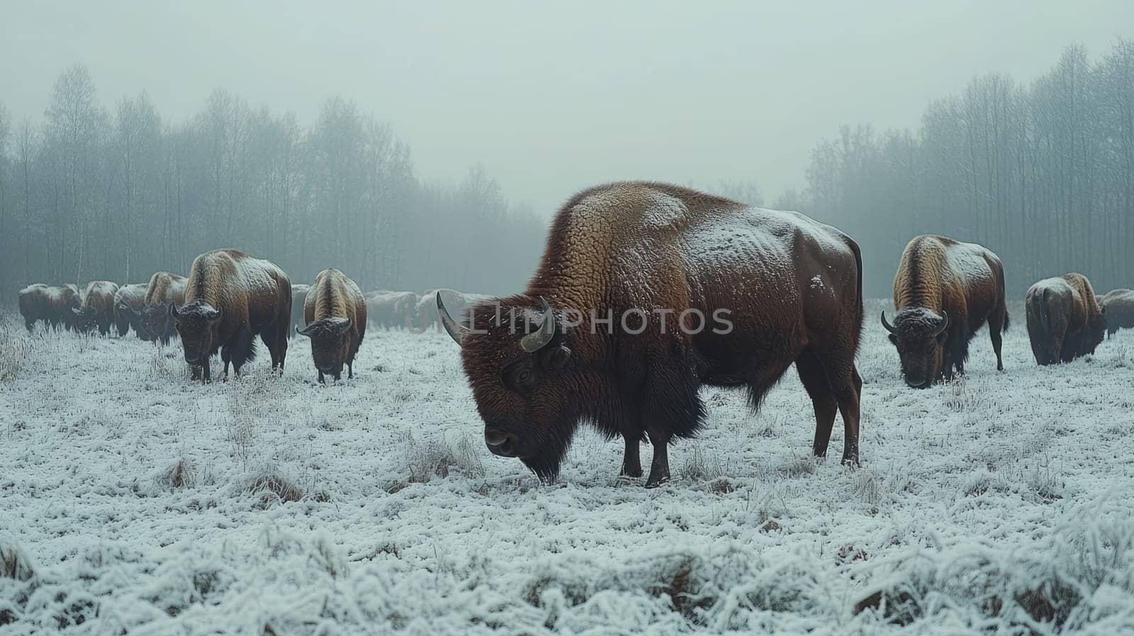 Herd of european bison grazing in a snowy field on a misty day