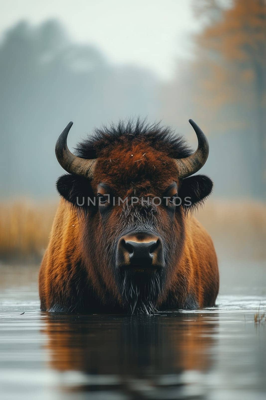 Large european bison standing in water on a foggy day