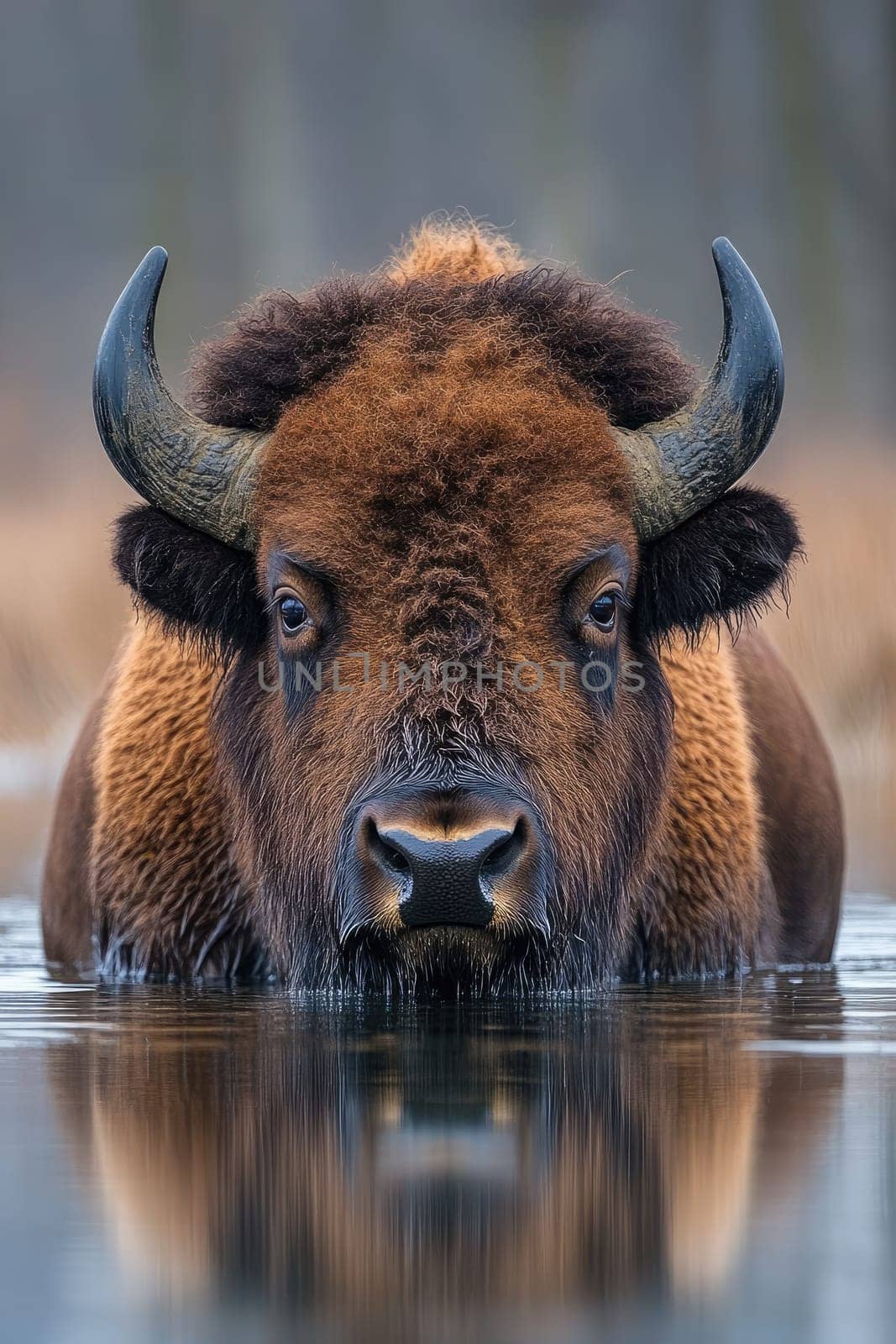 European bison bull is taking a bath in a lake with its reflection showing in the water
