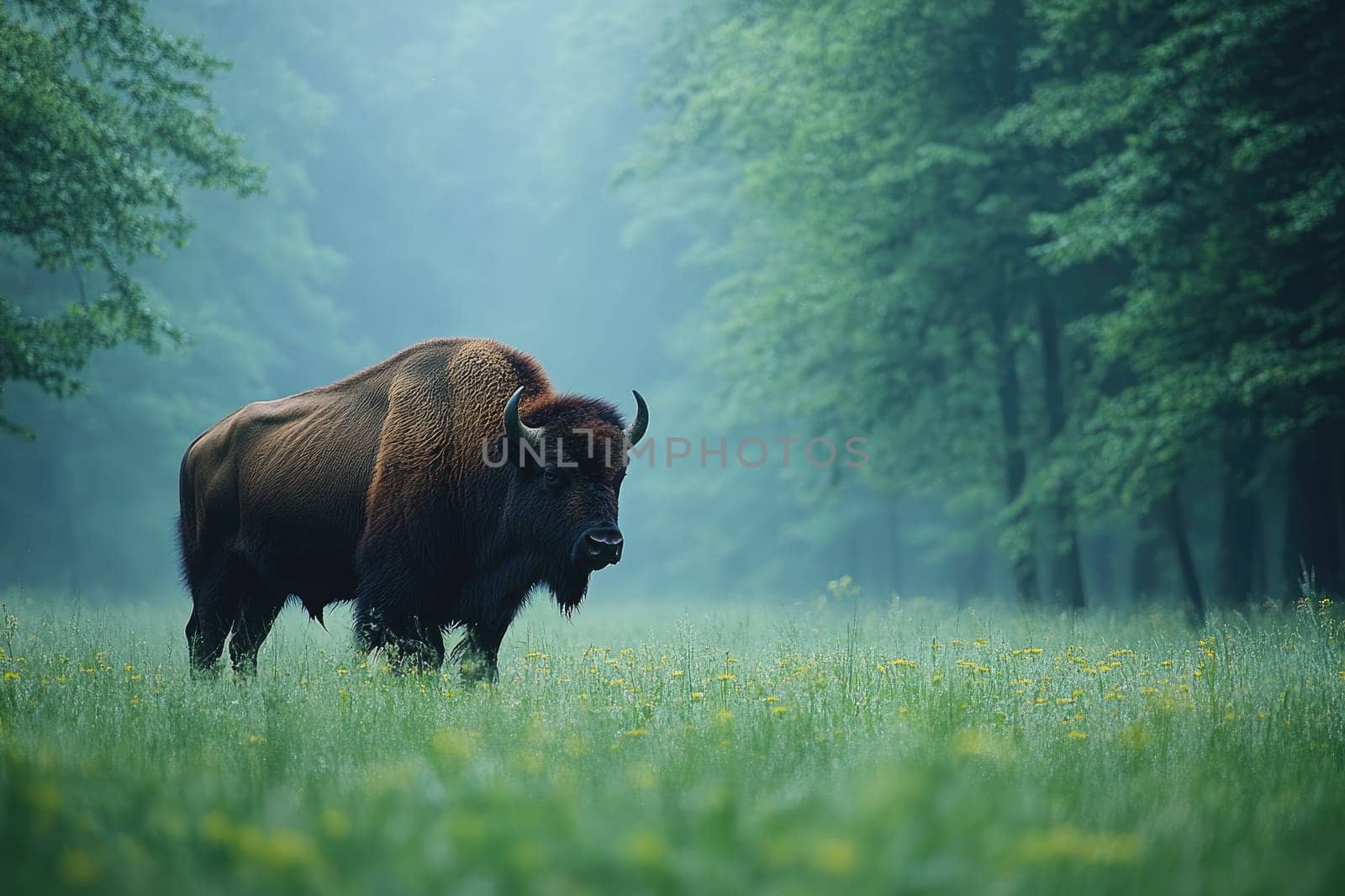 Large male european bison is standing in a meadow in the forest on a foggy morning