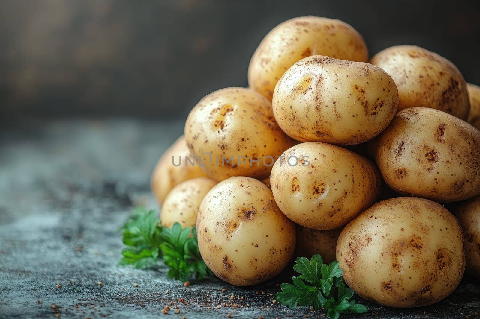 Freshly harvested potatoes are forming a pyramid on a rustic wooden table, garnished with parsley