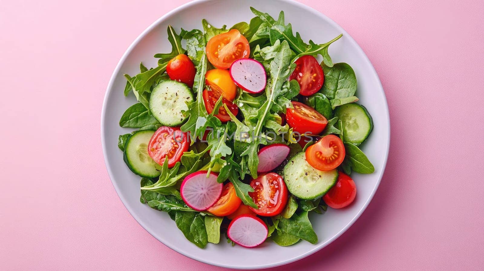 Plate is filled with a variety of fresh vegetables, creating a colorful and healthy meal