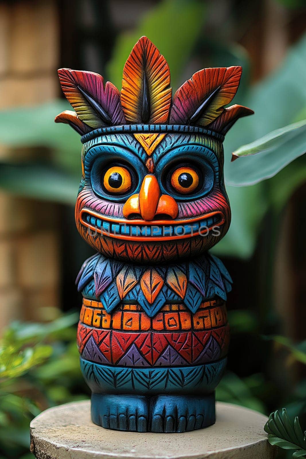 Colorful wooden tiki statue with a headdress standing on a small round table outdoors