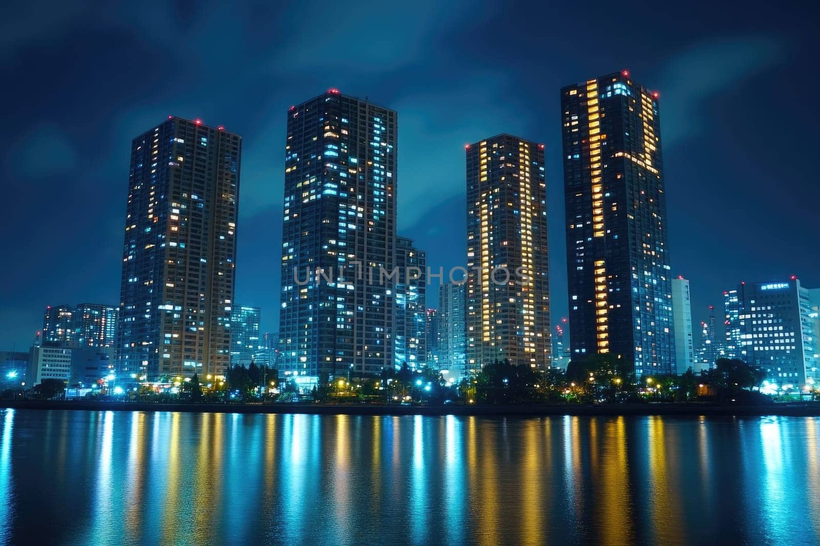 Modern buildings reflecting in water at night in tokyo japan