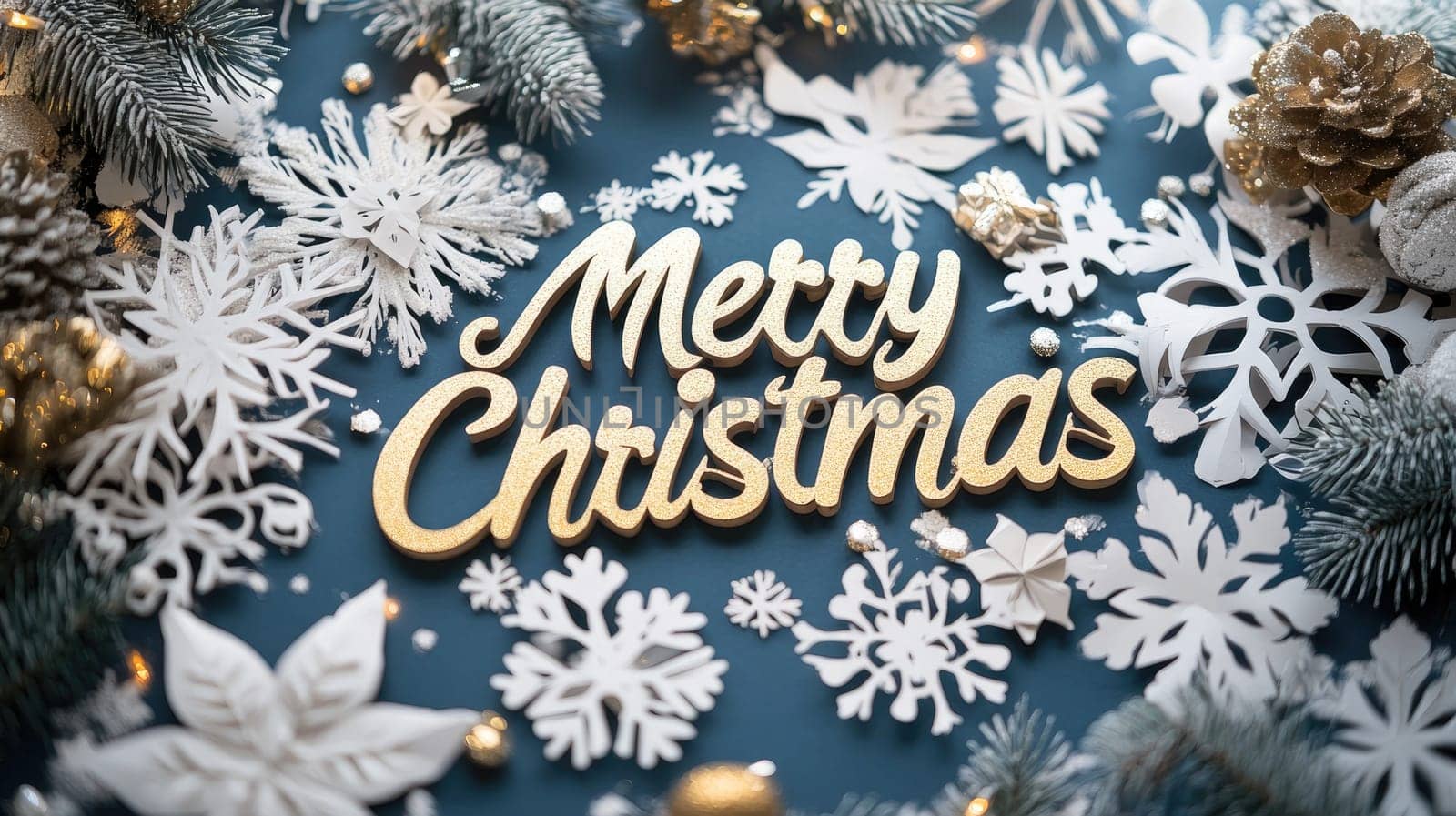Golden merry christmas lettering surrounded by winter and christmas decorations in white and gold, on blue background with copy space