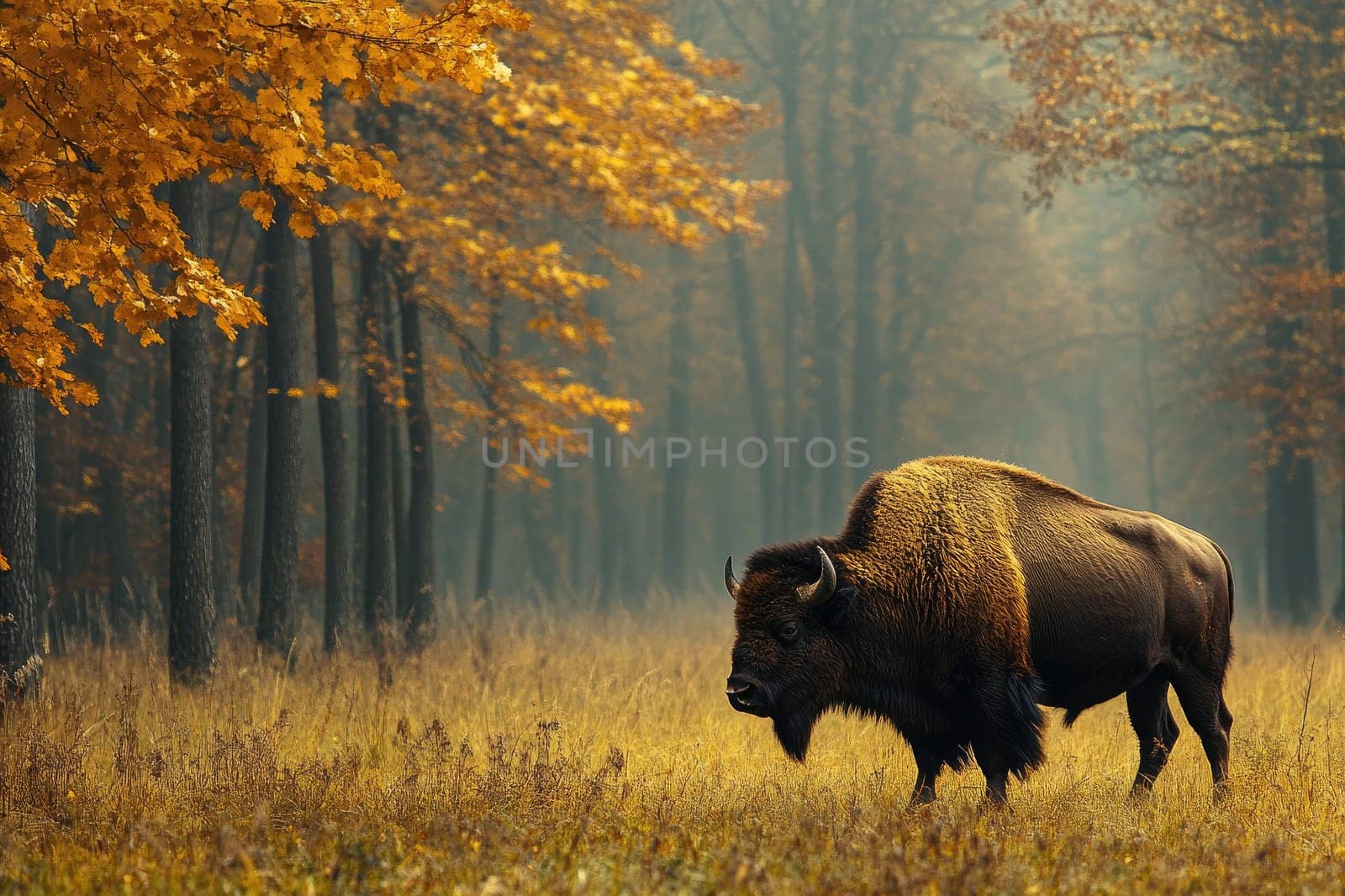Large american bison is standing in a grassy field with a forest in the background and fall foliage on the trees