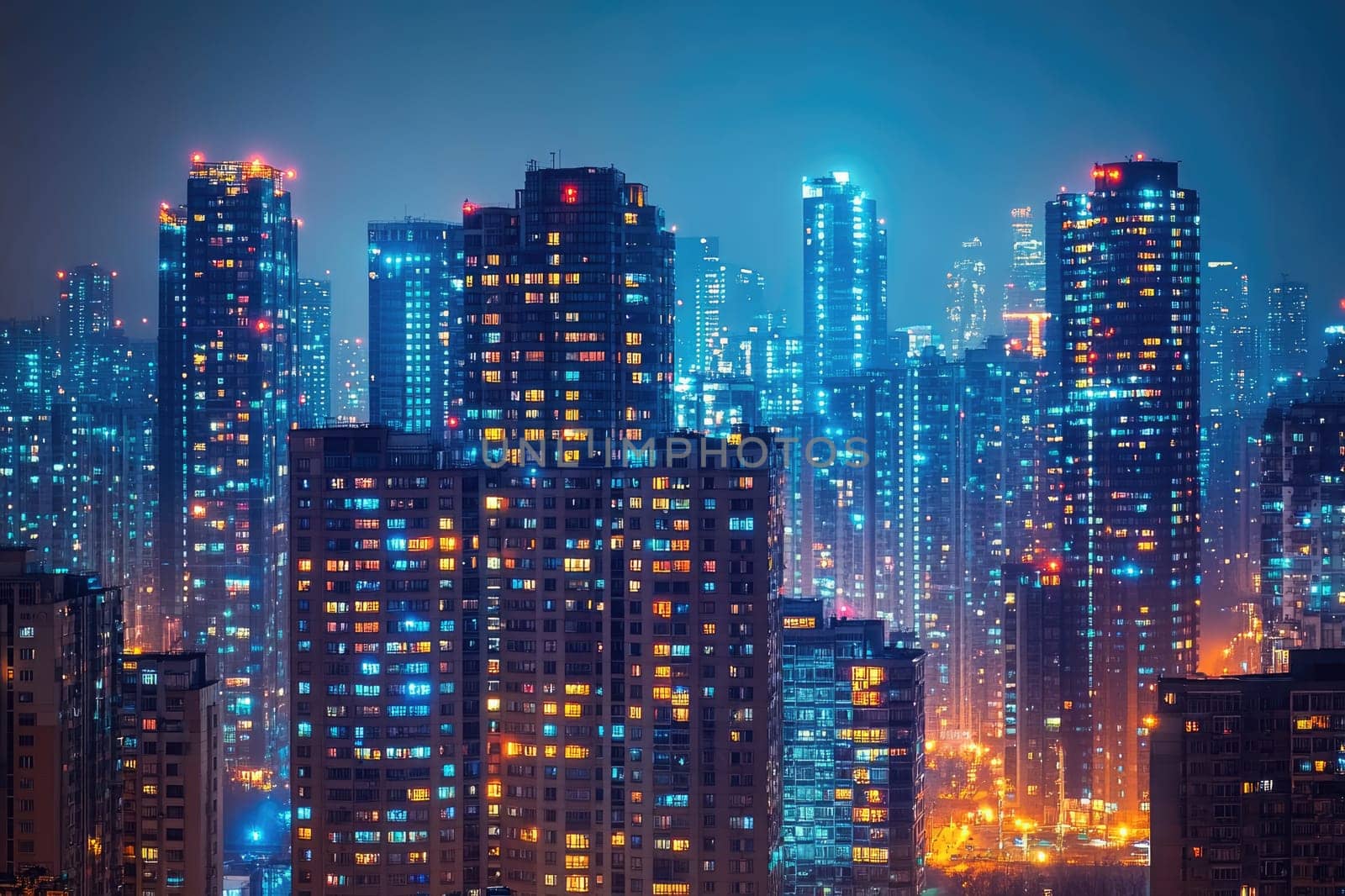 Modern city skyline showing dense buildings with glowing windows at night