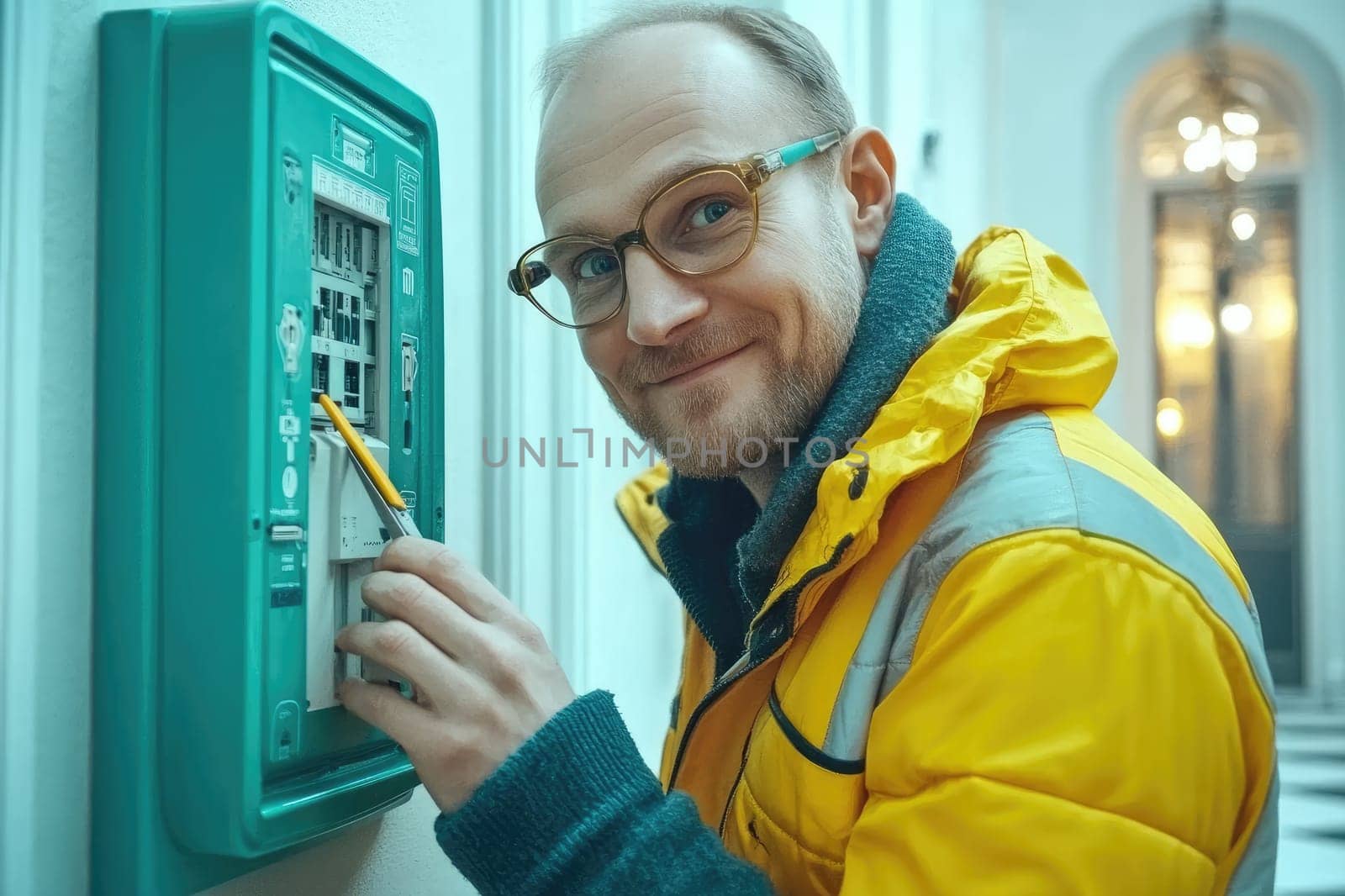 Electrician smiling and working on fuse box wearing glasses and yellow jacket