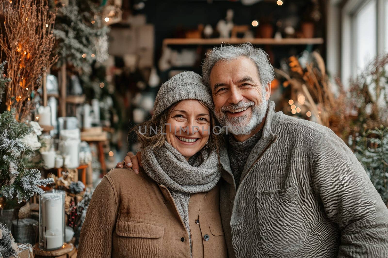 Happy couple is smiling while shopping for christmas decorations in a local store