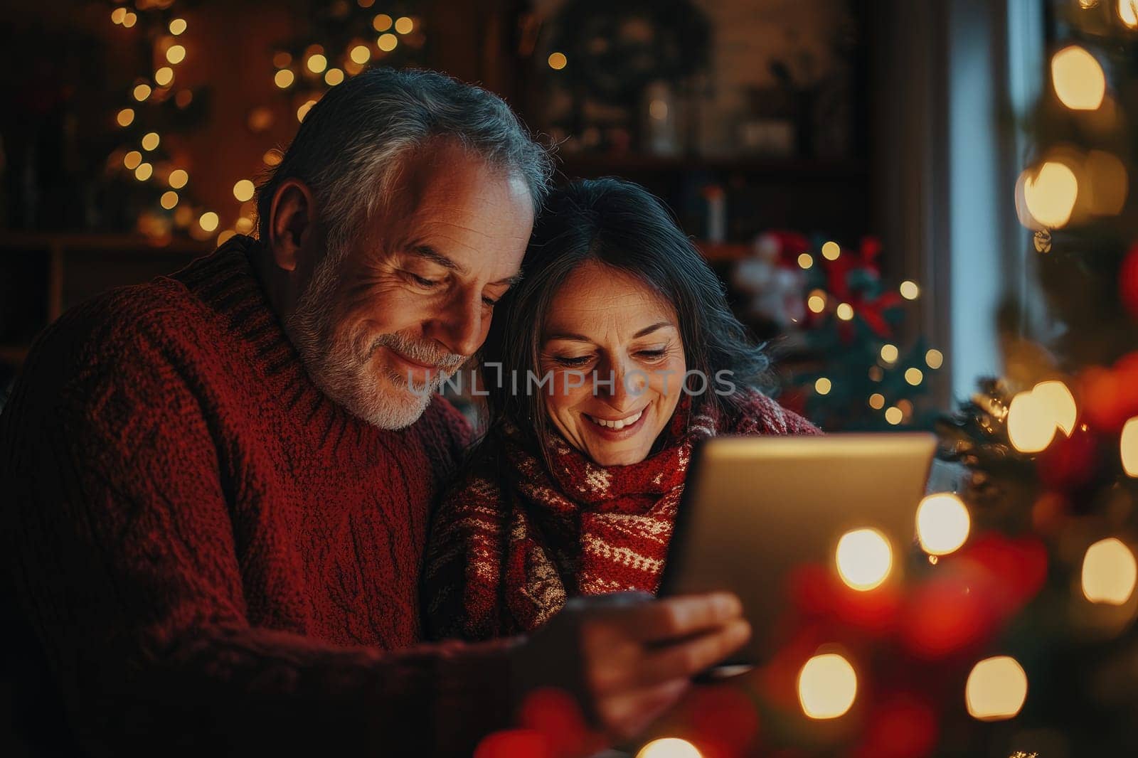 Happy senior couple using digital tablet while sitting on a sofa at home on christmas eve