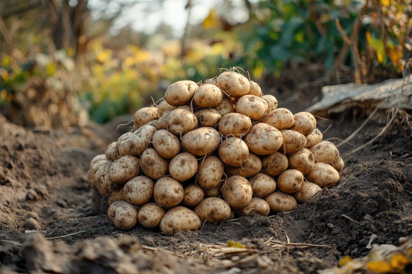 Pile of freshly dug potatoes is lying on the ground in a field, ready for collection