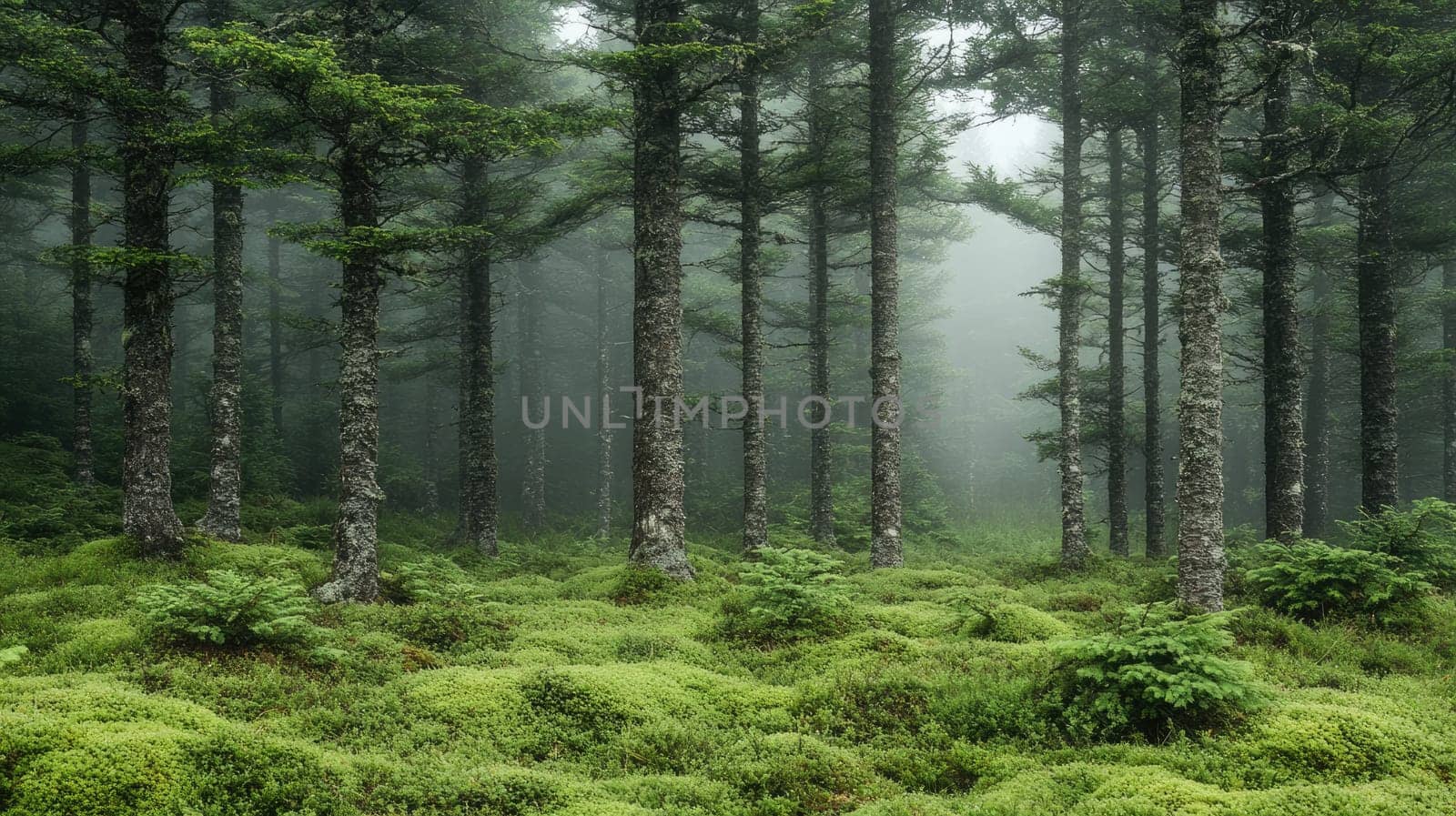Sunlight is struggling to reach the forest floor illuminating green moss and ferns growing around the bases of tall pine trees