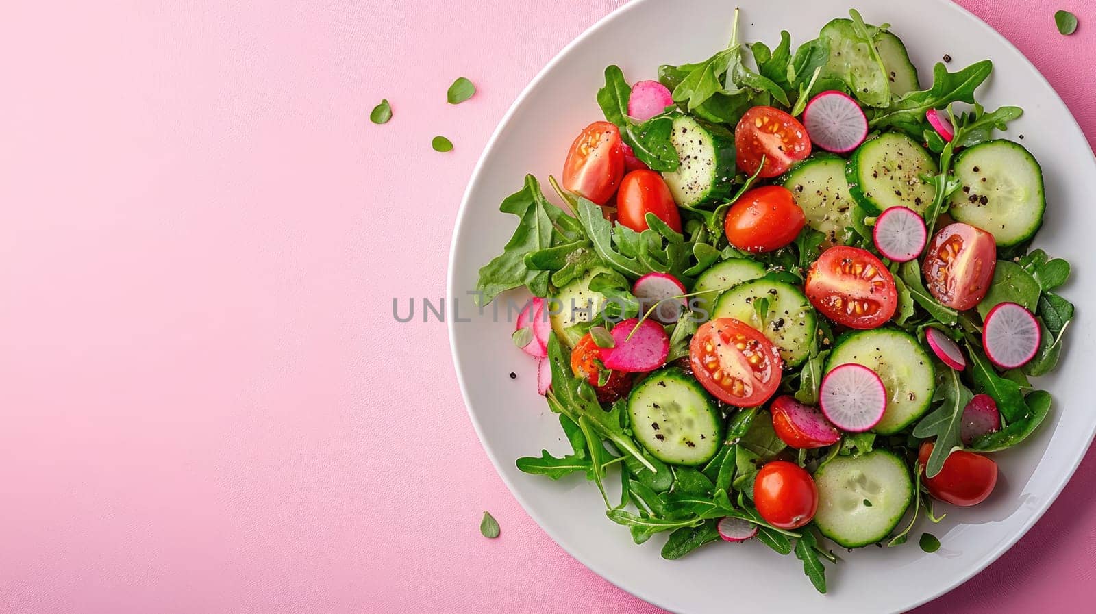 Plate is filled with a variety of fresh vegetables, creating a colorful and healthy meal