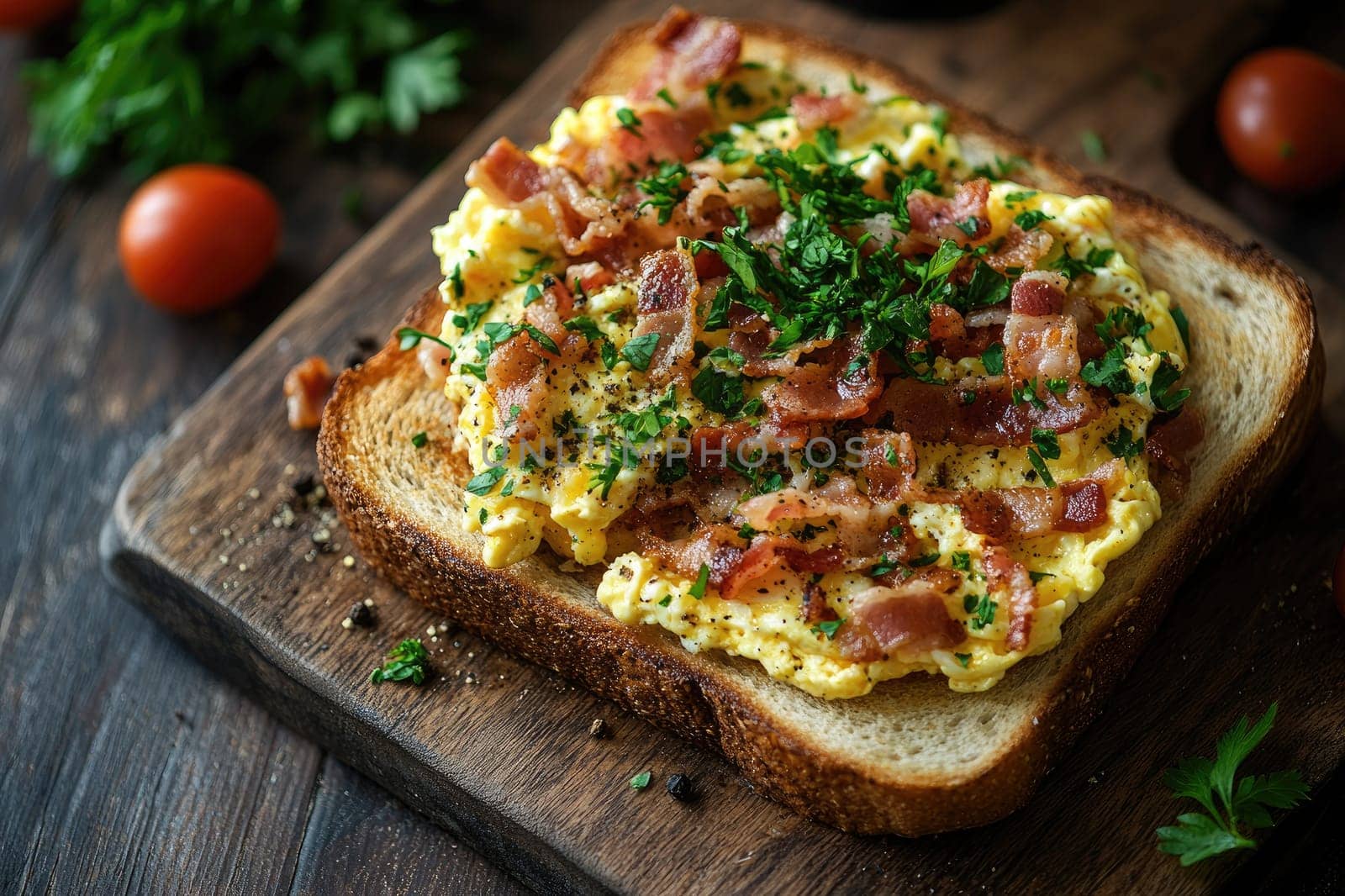 Scrambled eggs with crispy bacon and fresh parsley on toasted bread, creating a delicious and satisfying breakfast or brunch option