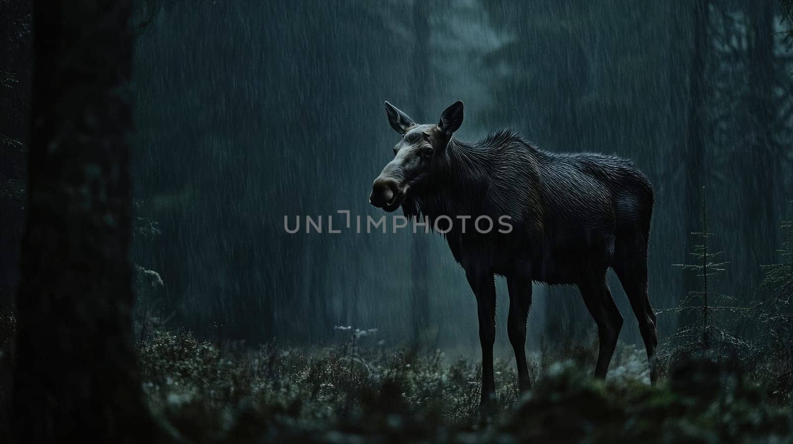 Moose is standing in the rain in a dark forest