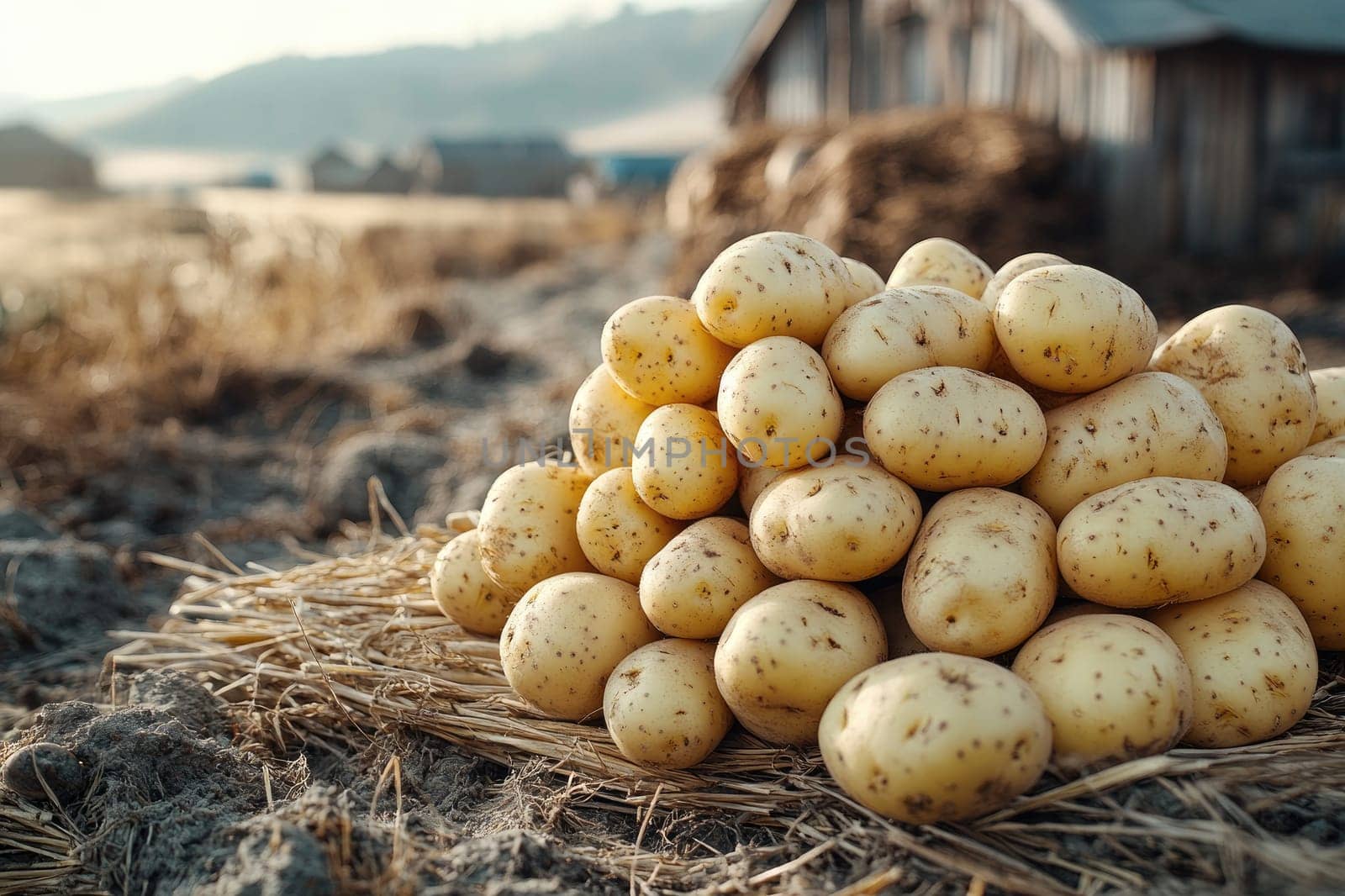 Pile of fresh organic potatoes is lying on the ground in a field, ready for harvest