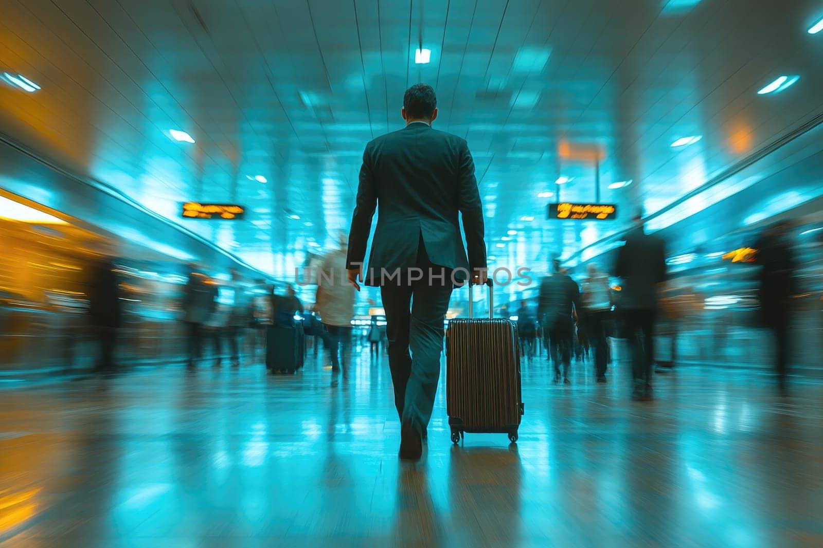 Businessman is walking in an airport terminal with luggage as travelers rush by