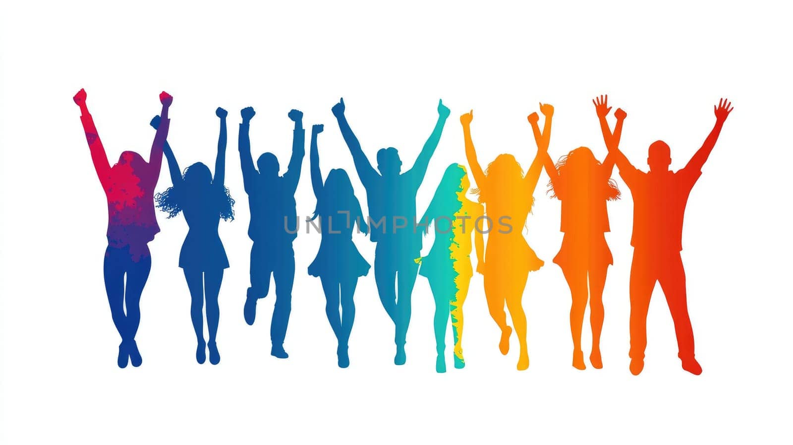 Large group of people silhouettes jumping and cheering with their arms raised in a rainbow gradient