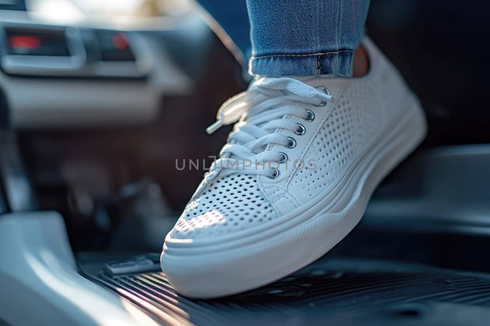 Woman wearing white sneaker is pushing car pedal with right foot