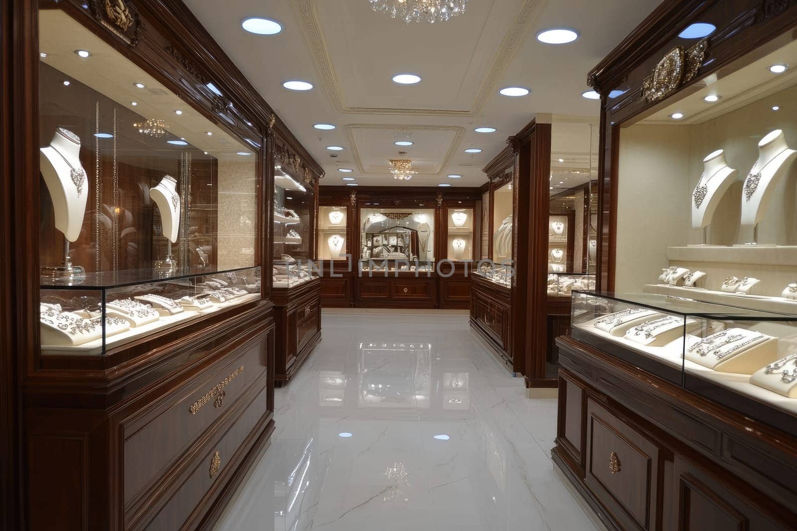 Nobody in an elegant jewelry store with glass display cases presenting luxury necklaces for sale