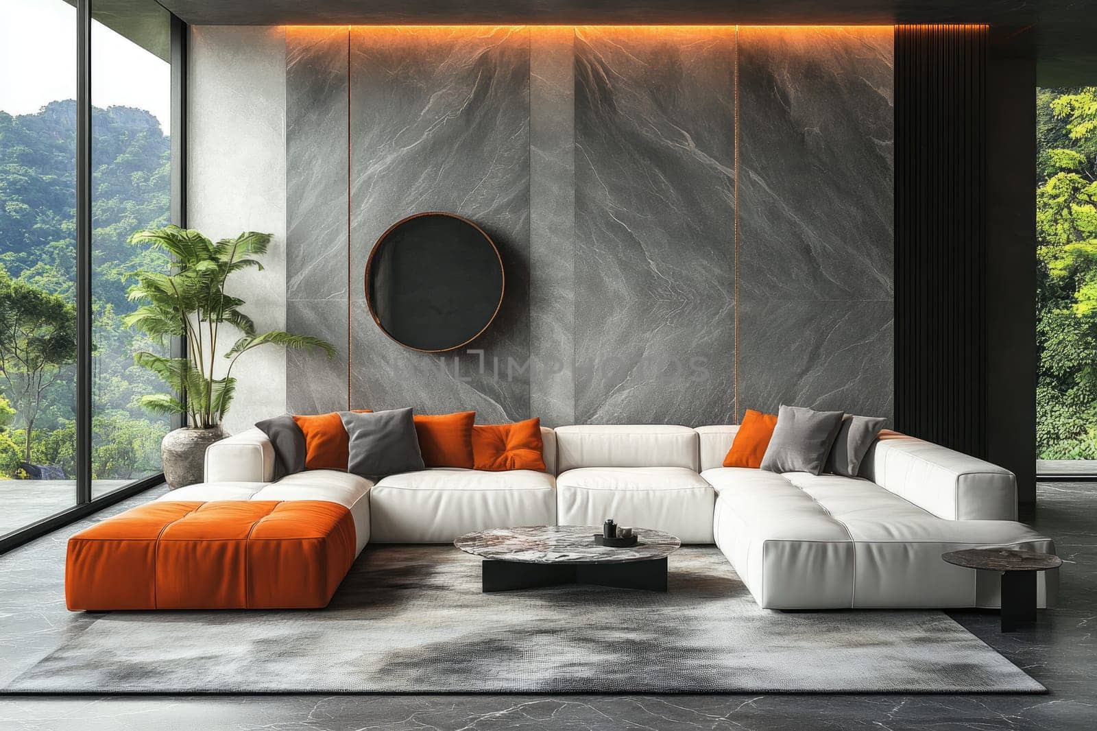 Modern living room interior showing a large white sofa with orange cushions and a forest view
