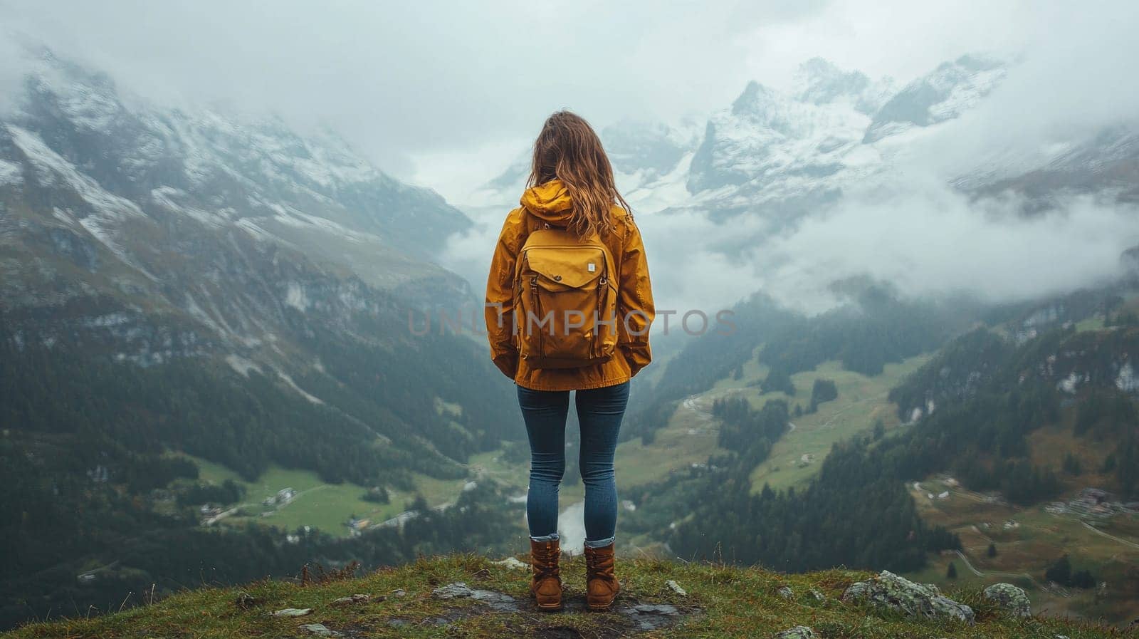 Woman wearing a yellow jacket is standing on top of a mountain admiring the panoramic view of the swiss alps
