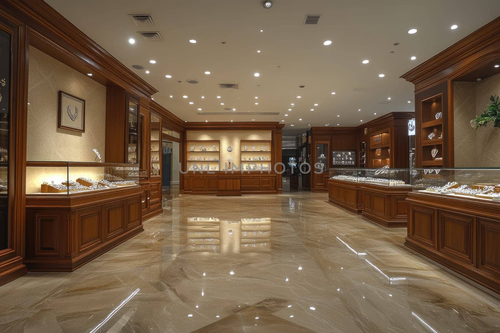 Elegant jewelry store interior with glass showcases and wooden furniture is illuminated with bright lights