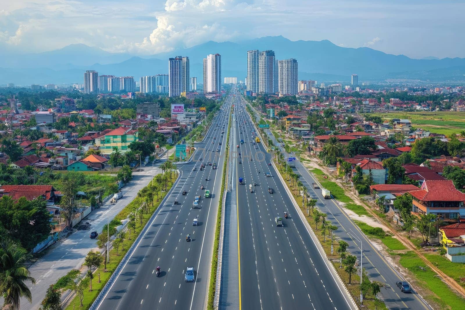Cars driving on highway leading towards modern city with mountains in the background