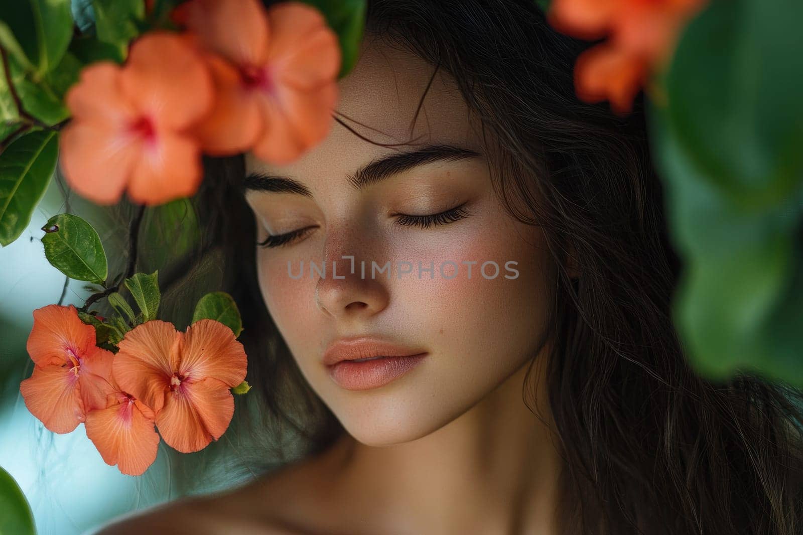 Beautiful young woman with perfect skin enjoying the sun with her eyes closed surrounded by orange flowers