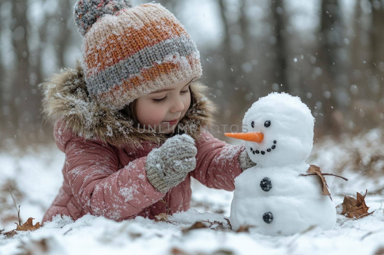 Little girl lying in the snow is making a snowman in a snowy forest