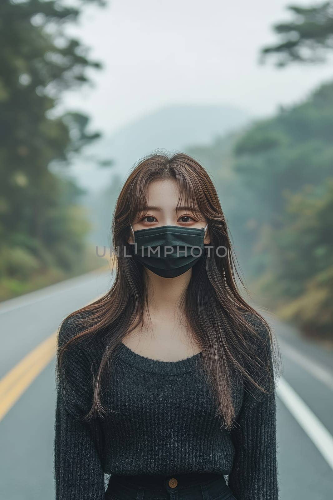 Young woman is wearing a protective face mask while standing on a road with trees in the background
