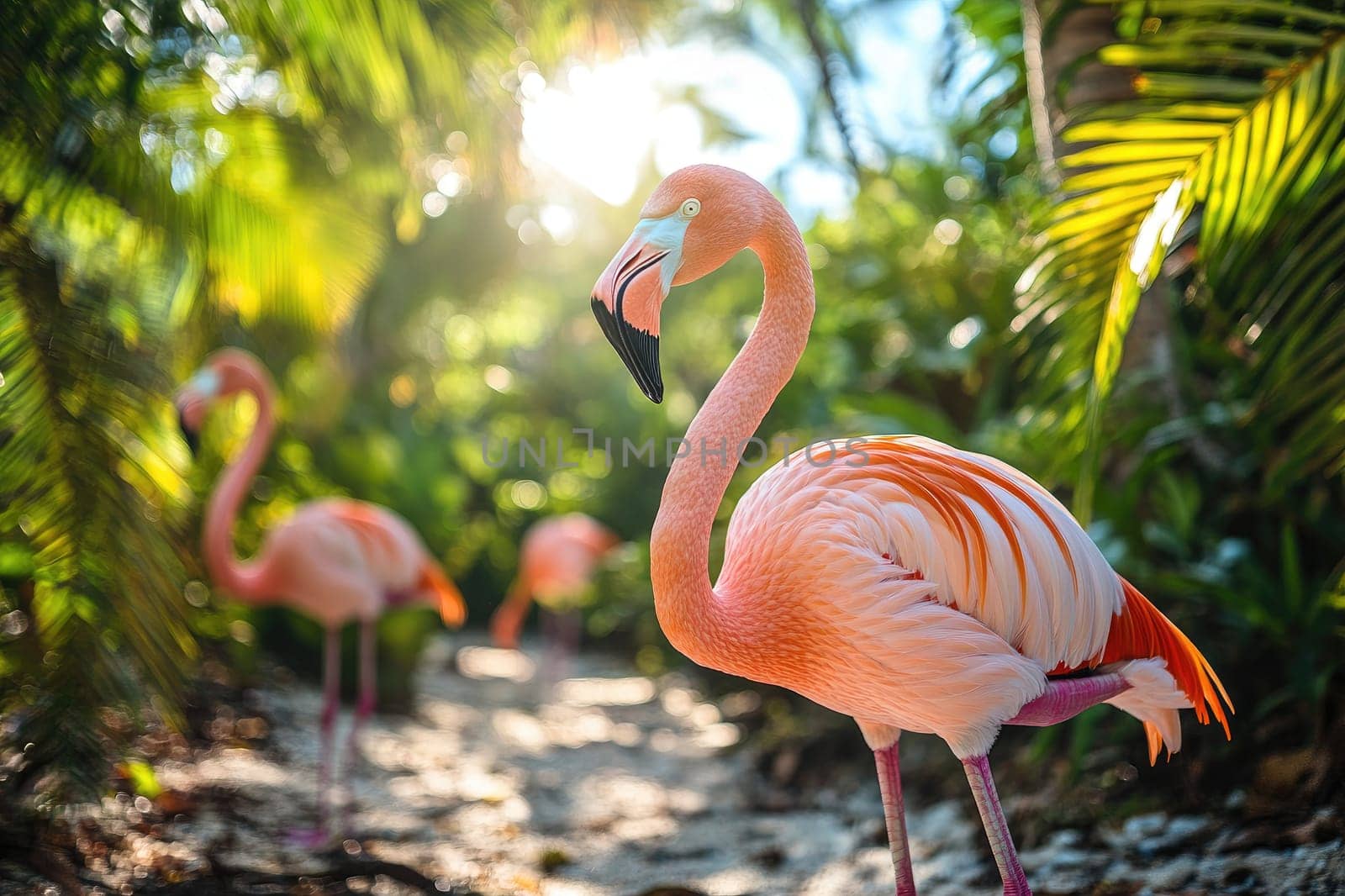 Pink flamingo is standing in a tropical forest with other flamingos walking in the background
