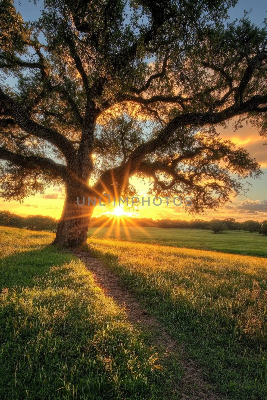 The sun is shining through a tree at sunset over a field