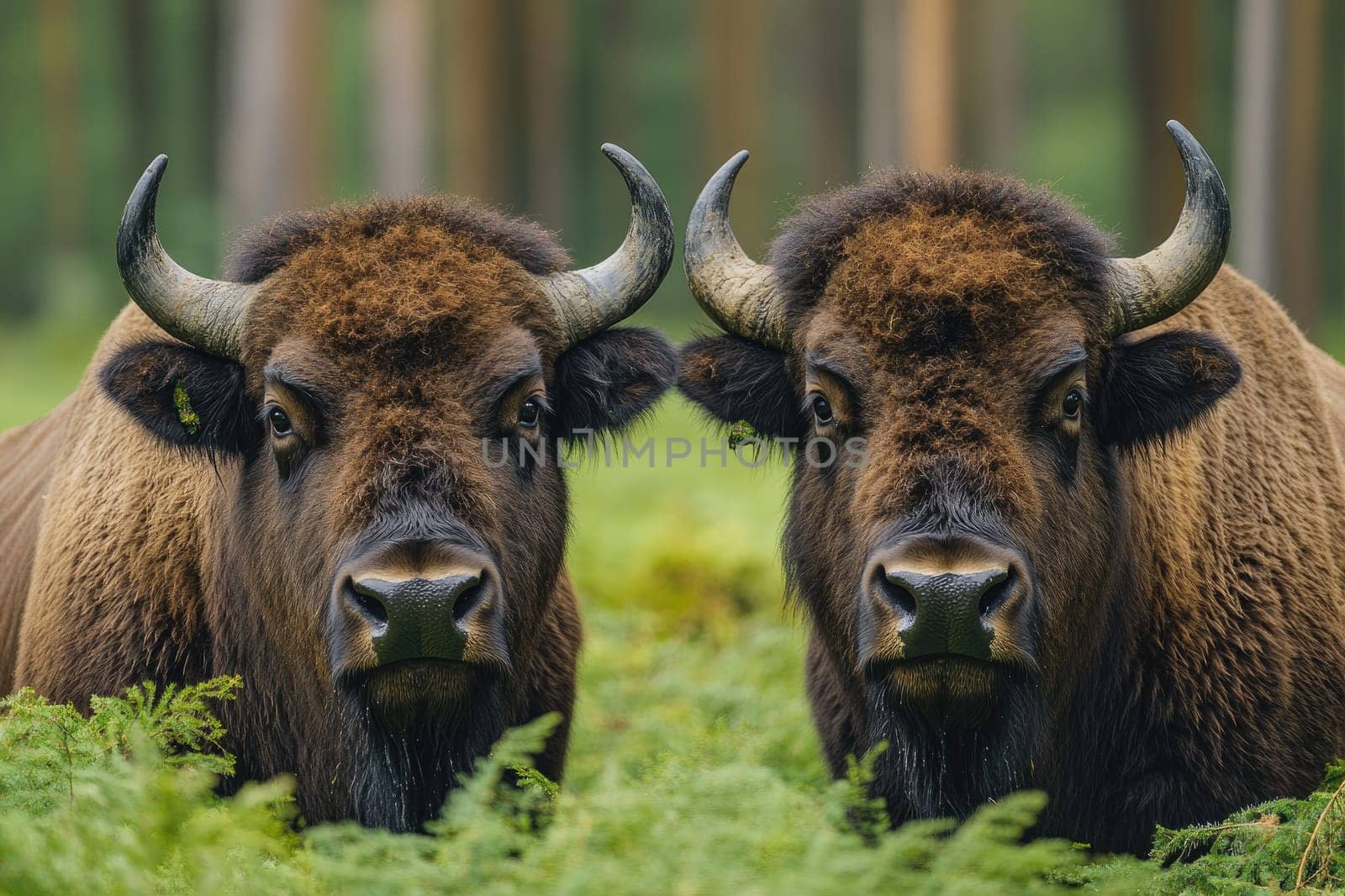 Two european bison are standing in lush green vegetation in a forest