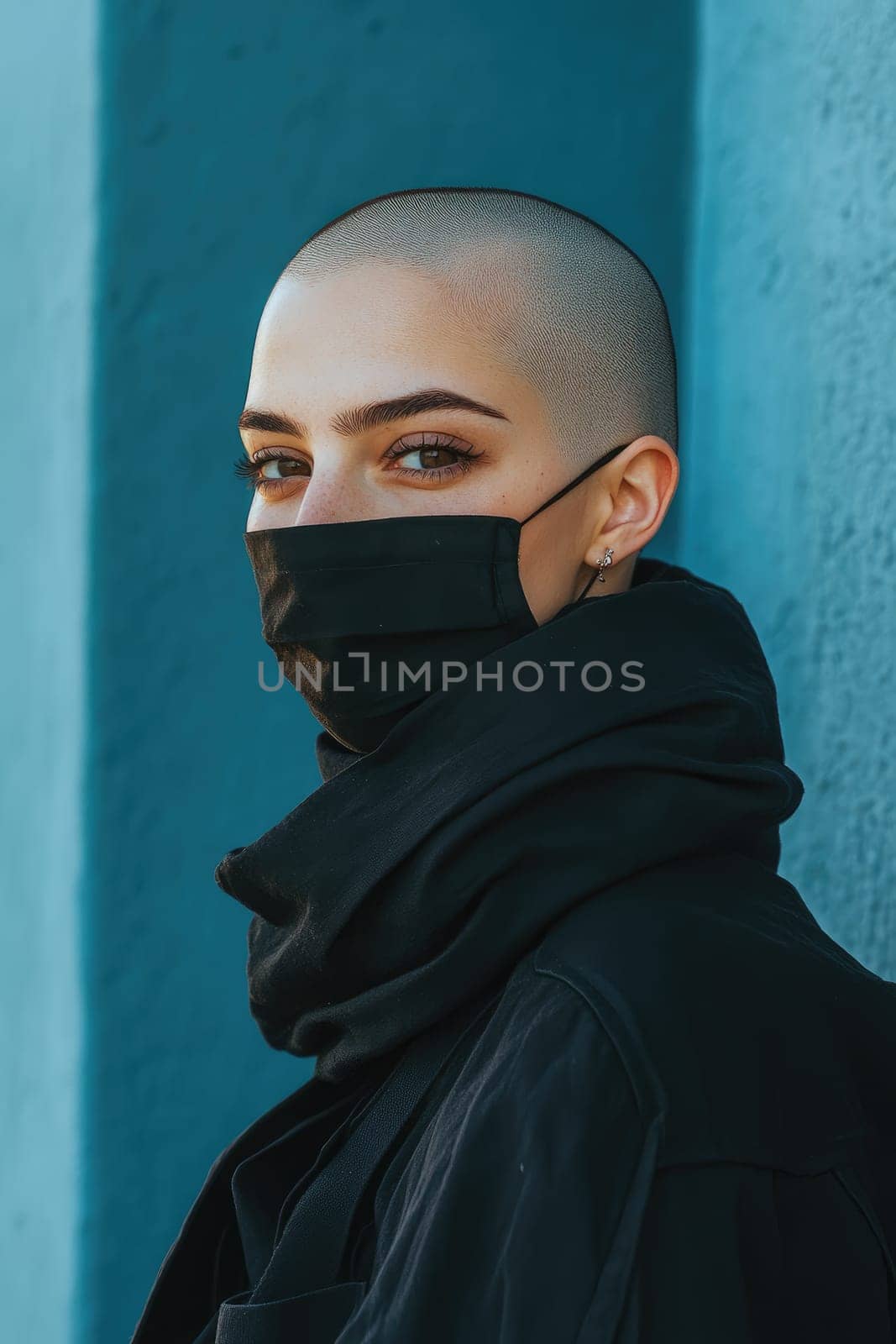 Young woman is standing in front of a graffiti wall wearing a black face mask and black clothing